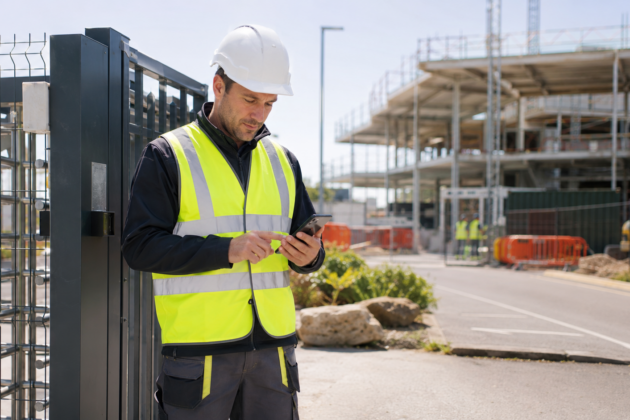 Contractor checking a phone at a site access turnstile, with a construction site under scaffolding in the background